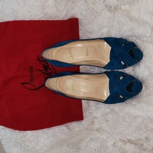 Christian Louboutin Teal heel peep toe pumps
